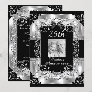 Silver Photo Floral 25th Wedding Anniversary Invitation