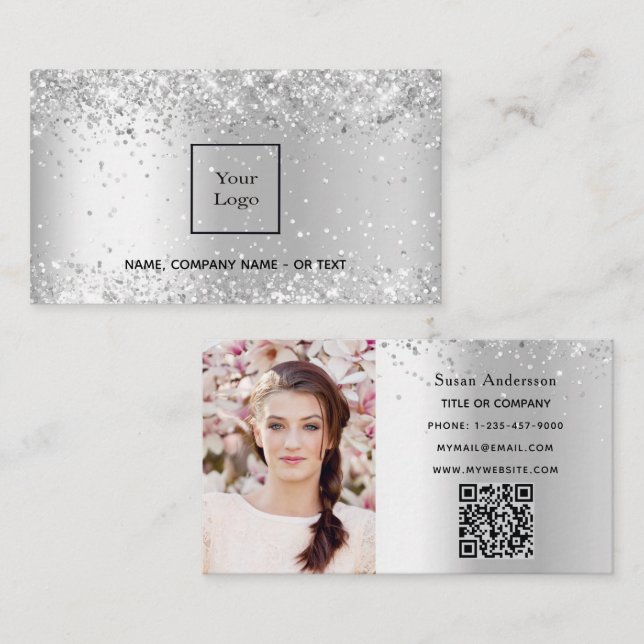 Silver photo QR code beauty salon Business Card (Front/Back)