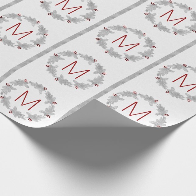 Silver Pine and Berries Monogrammed Christmas Wrapping Paper (Corner)