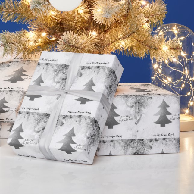  Silver Pine Tree,Balls  Merry Christmas   Wrapping Paper (Holidays)