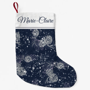 Silver Pinecone Navy Blue Personalised Snowy Small Christmas Stocking