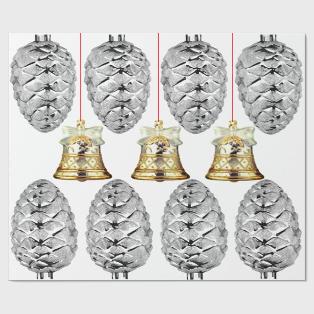 Silver Pinecones and Bells Wrapping Paper (Flat)