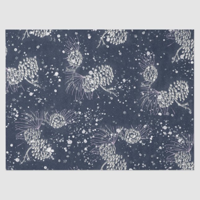 Silver Pinecones Snow Navy Blue Holiday Tissue Paper (Front)