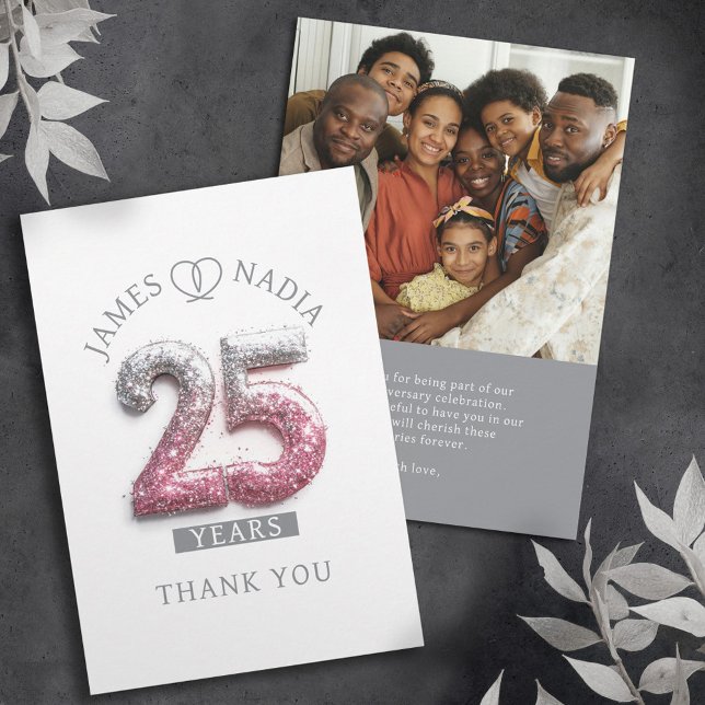 Silver pink 25th wedding anniversary custom photo thank you card (Creator Uploaded)