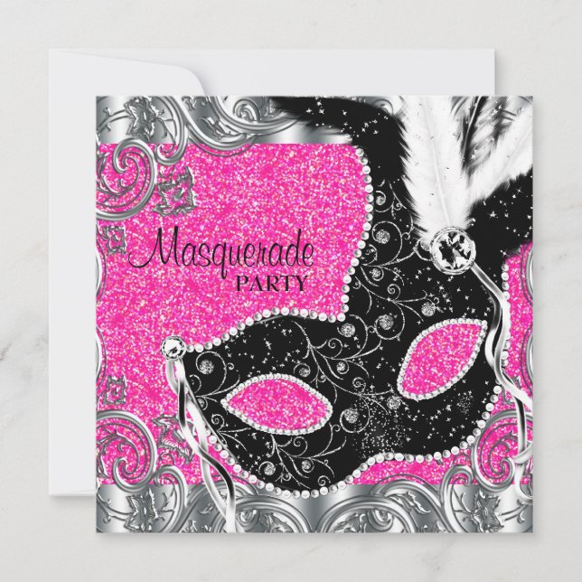 Silver Pink and Black Mask Masquerade Party Invitation (Front)