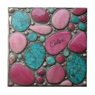 Silver Pink and turquoise pebble stones Tile
