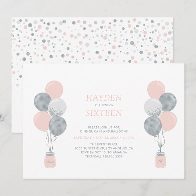 Silver & Pink Balloon Sweet Sixteen Birthday Party Invitation (Front/Back)