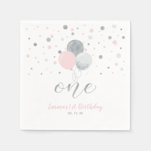 Silver & Pink Balloons, Confetti Girl 1st Birthday Napkin
