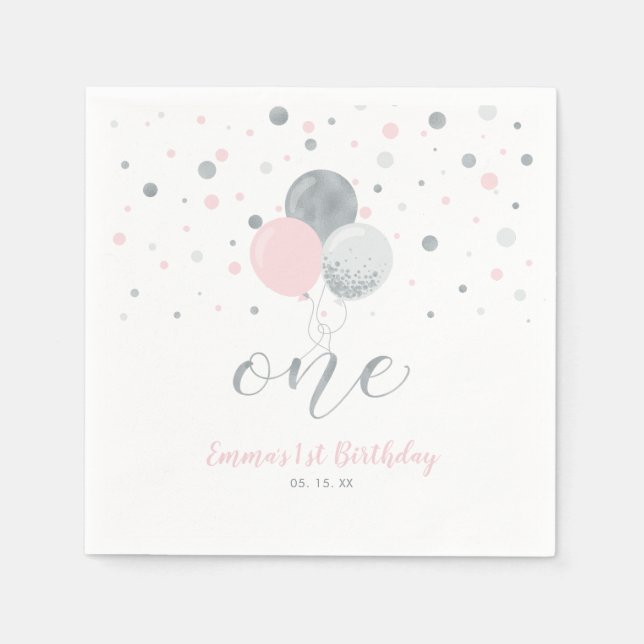 Silver & Pink Balloons, Confetti Girl 1st Birthday Napkin (Front)