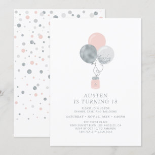 Silver & Pink Balloons Modern 18th Birthday Party Invitation