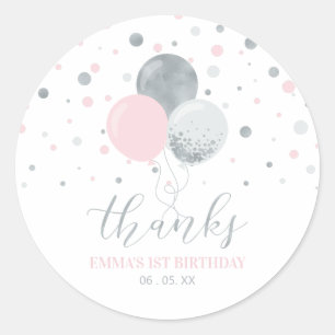 Silver & Pink Balloons   Party Favour Thank you Cl Classic Round Sticker