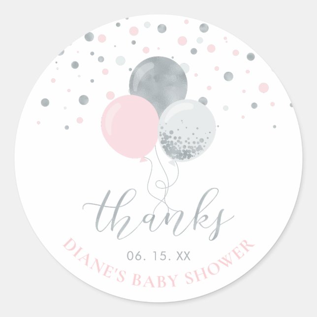 Silver & Pink Balloons | Party Favour Thank you Classic Round Sticker (Front)
