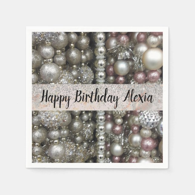 Silver Pink  Beads Glitter Birthday Personalised   Napkin (Front)