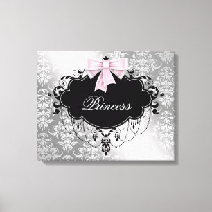 Silver Pink Black Damask Princess Canvas Print