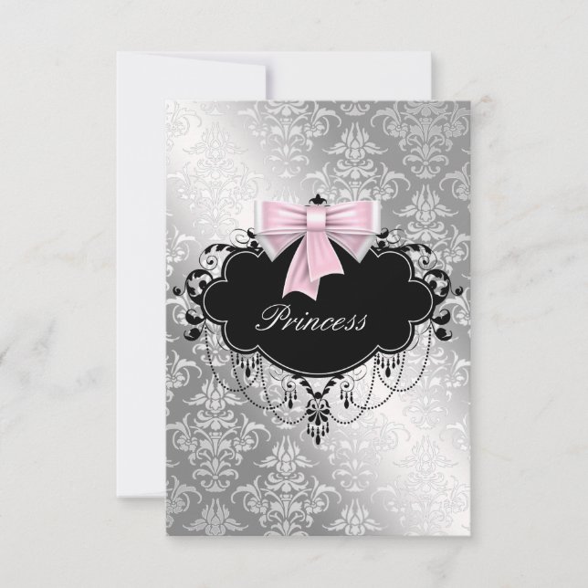Silver Pink Black Princess Baby Girl Shower RSVP Card (Front)