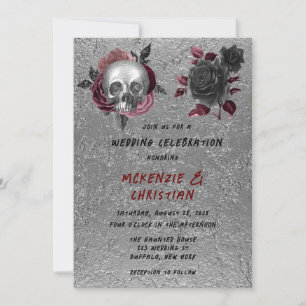 Silver Pink Black Skull Head Halloween Wedding Invitation