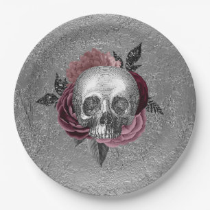 Silver Pink Black Skull Head Wedding Paper Plate