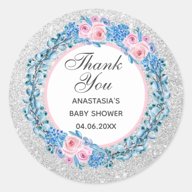 Silver Pink Blue Floral Rose Thank You Baby Shower Classic Round Sticker (Front)