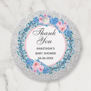 Silver Pink Blue Floral Rose Thank You Baby Shower Favour Tags