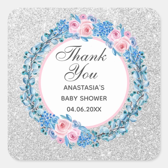 Silver Pink Blue Floral Rose Thank You Baby Shower Square Sticker (Front)