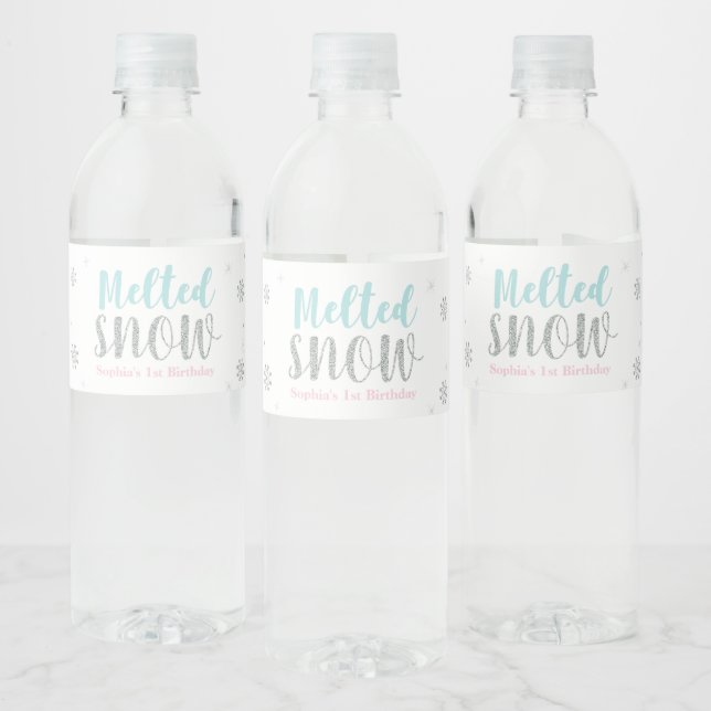 Silver, Pink & Blue Winter Wonderland Birthday Water Bottle Label (Bottles)