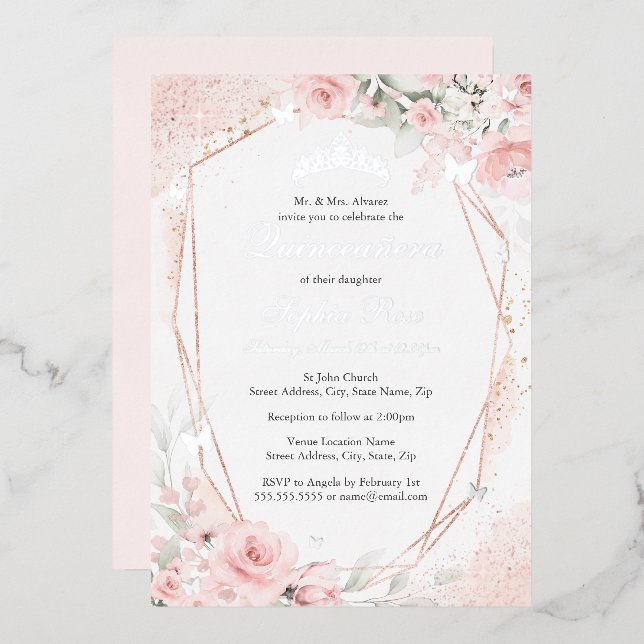 Silver Pink Blush Butterfly Floral Quinceanera (Front/Back)