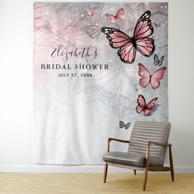Silver Pink Butterfly Photo Backdrop Tapestries (In Situ)