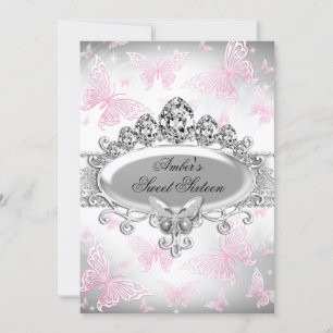 Silver & Pink Butterfly Sweet Sixteen Invite