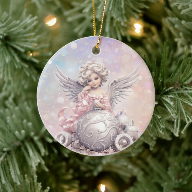 Silver Pink Christmas Angel Girl Ceramic Tree Decoration (Tree)