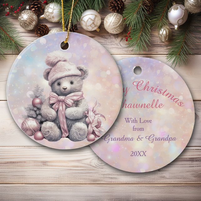 Silver Pink Christmas Teddy Bear Granddaughter Ceramic Tree Decoration (Creator Uploaded)