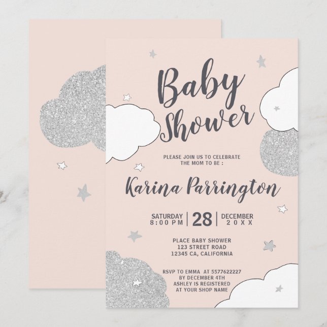 Silver pink clouds stars girl baby shower invitation (Front/Back)