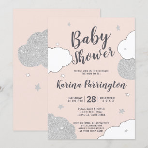Silver pink clouds stars girl baby shower invitation