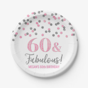 Silver Pink Confetti 60 and Fabulous Birthday Paper Plate