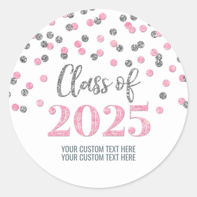 Silver Pink Confetti Graduation 2025 Classic Round Sticker (Front)