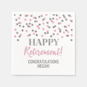 Silver Pink Confetti Happy Retirement Napkin