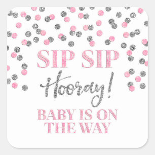Silver Pink Confetti Sip Sip Hooray Square Sticker