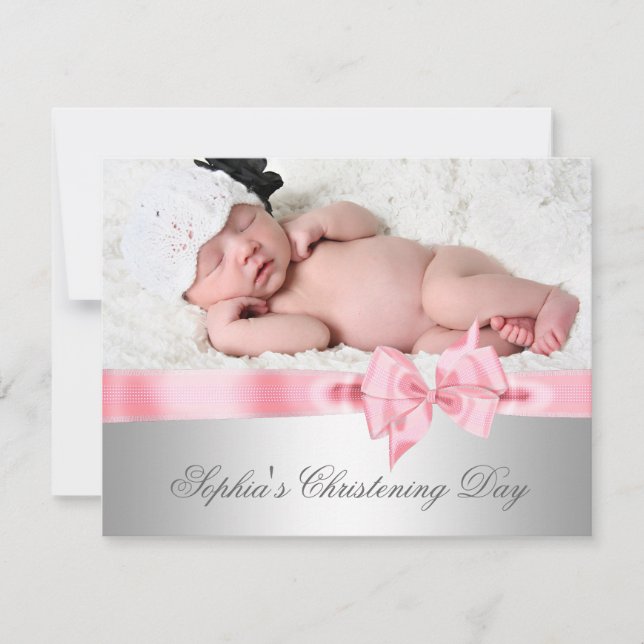 Silver Pink Damask Bow Girl Photo Christening Invitation (Front)