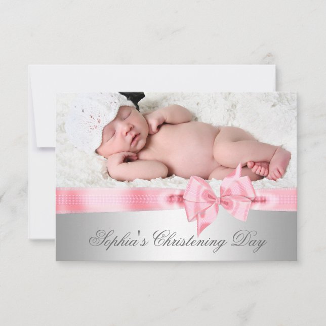 Silver Pink Damask Bow Girl Photo Christening Invitation (Front)