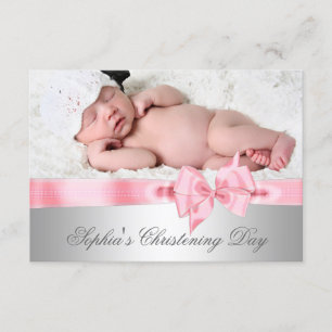 Silver Pink Damask Bow Girl Photo Christening Invitation