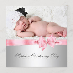 Silver Pink Damask Bow Girl Photo Christening Invitation