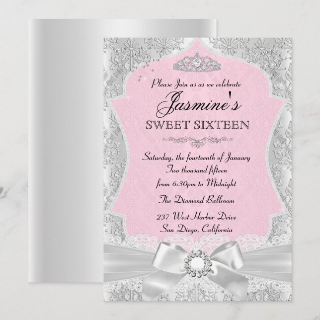 Silver Pink Damask Bow Sweet 16 Invitation (Front/Back)