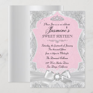 Silver Pink Damask Bow Sweet 16 Invitation