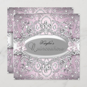 Silver & Pink Damask Pearl Quinceanera Invitation