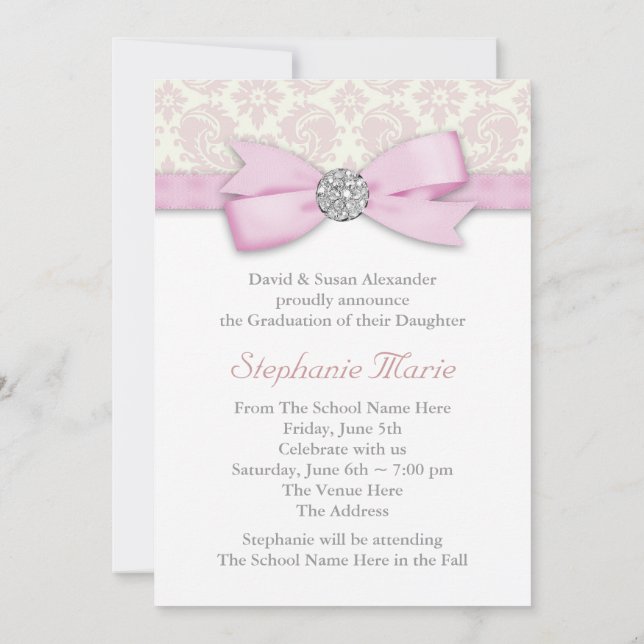 Silver Pink Damask Photo Graduation Announcements (Back)