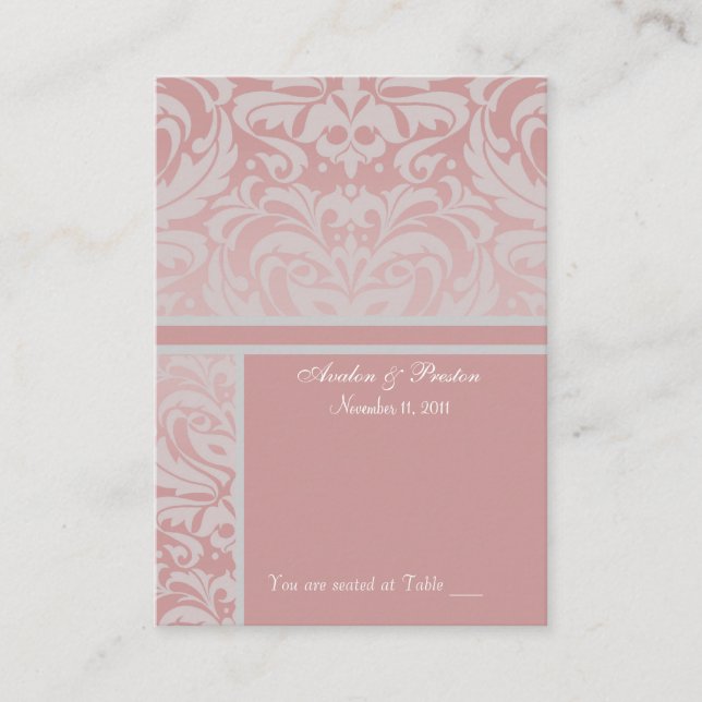 Silver & Pink Damask Table Placecard Business Card (Front)