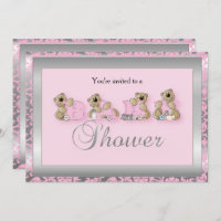 Silver & Pink Damask Teddy Bears | Baby Shower