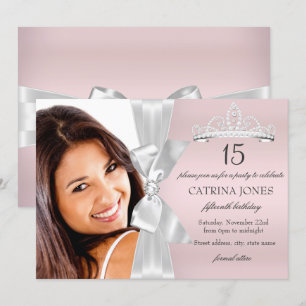 Silver Pink Diamond Bow Tiara Quinceanera Invite