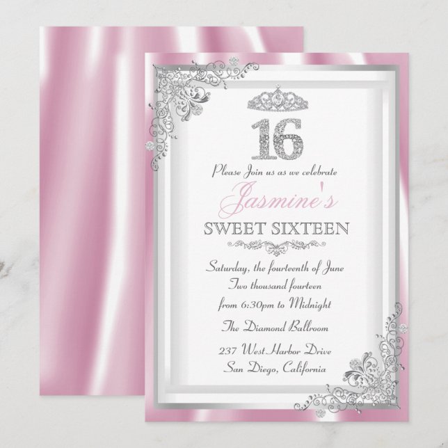 Silver Pink Diamond Damask & Tiara Sweet 16 Invite (Front/Back)