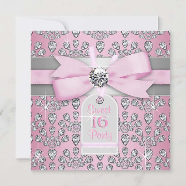 Silver Pink Diamond Pink & Grey Sweet 16 Birthday Invitation (Front)
