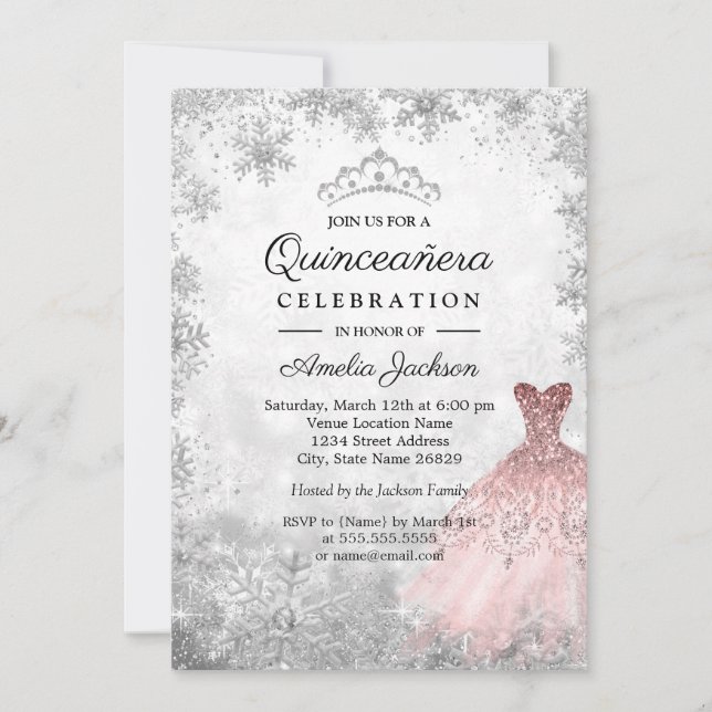 Silver Pink Dress Snowflakes Winter Quinceanera Invitation (Front)